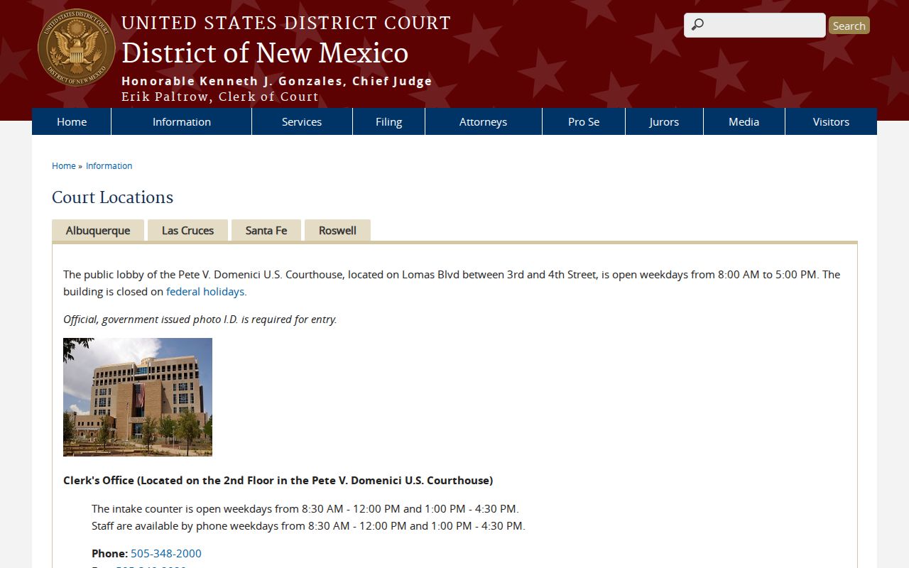 District of New Mexico federal courthouse locations page