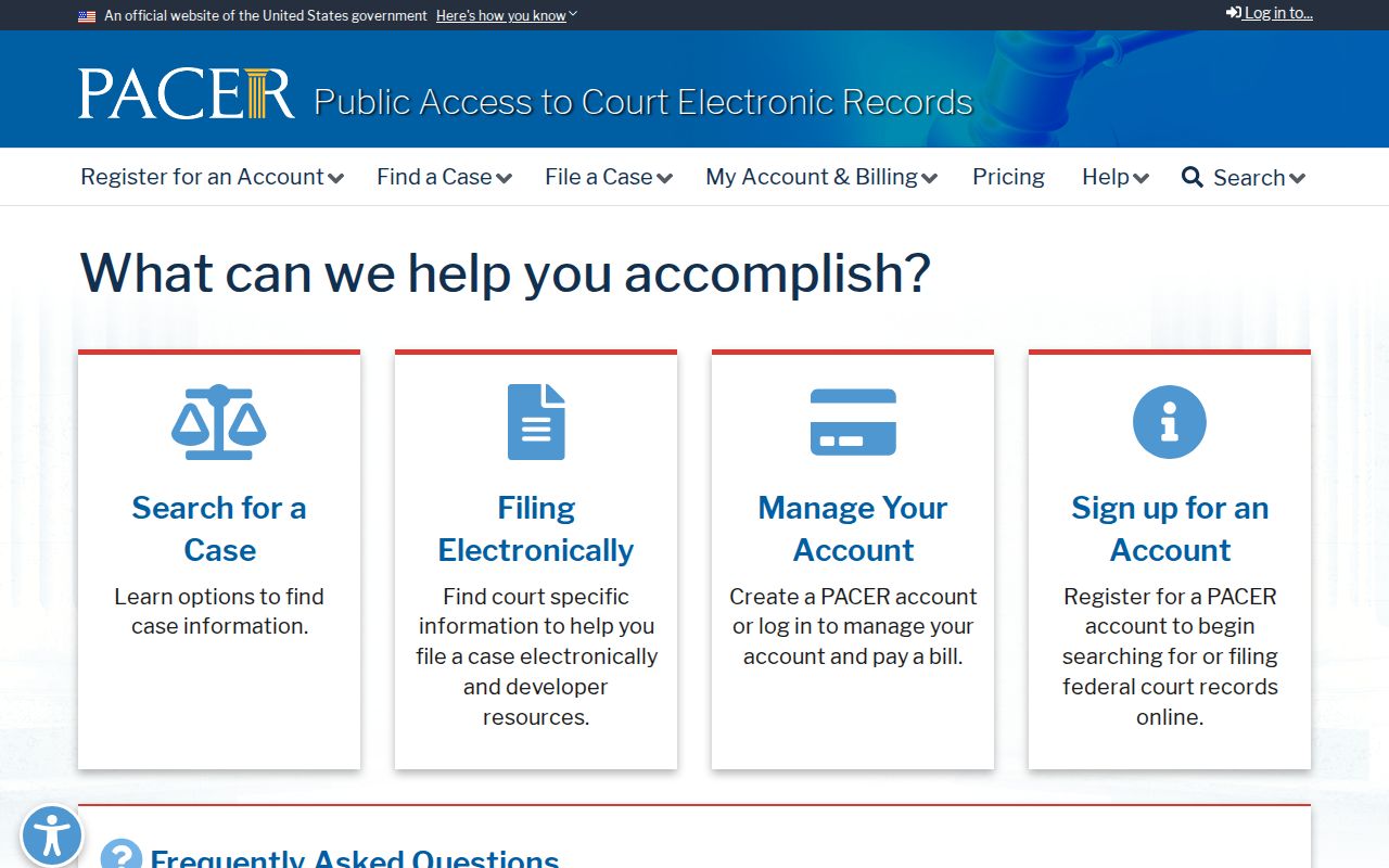 PACER federal court case search portal