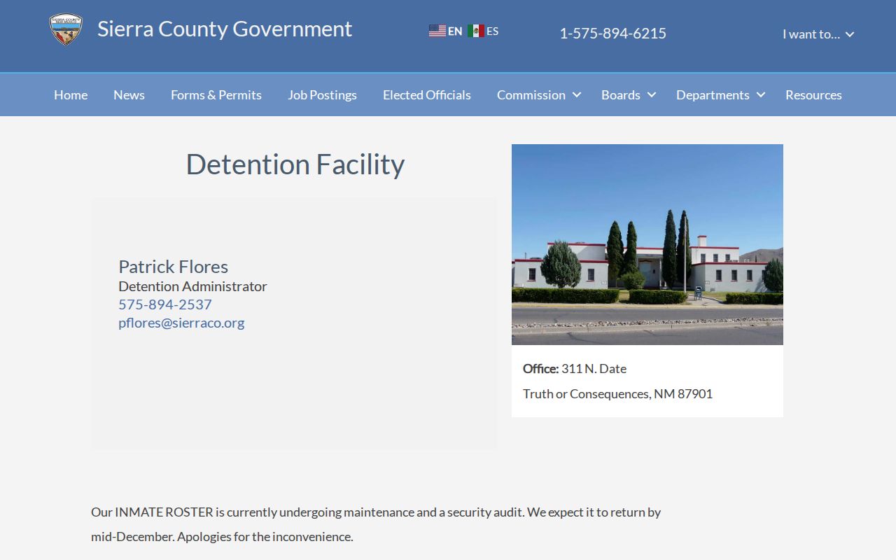 Sierra County arrest booking roster maintenance notice at the detention facility