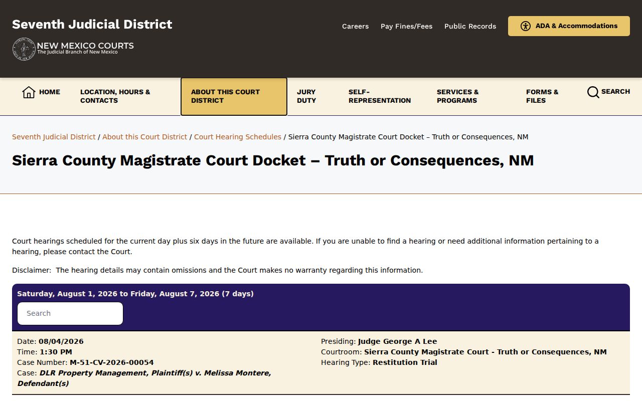 Sierra County Magistrate criminal court seven-day docket